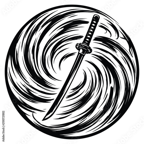 Black and white circular emblem illustration of a Japanese katana samurai sword over a swirling vortex background