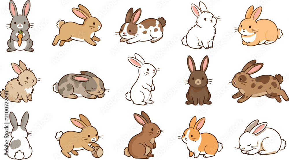 Obraz premium Cute Rabbit Character Vector Illustration Set with Fluffy Bunnies in Various Poses Including Running Eating Carrot Sleeping and Standing for Easter Designs