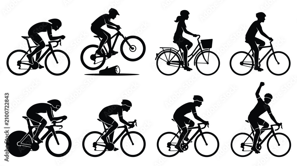Obraz premium Cycling silhouette illustration featuring riders on road bikes, mountain bikes, and casual bicycles symbolizing fitness, sport, and outdoor adventure design