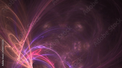 Abstract fractal art with glowing purple and orange light lines on dark background