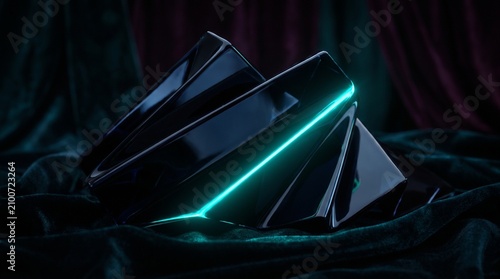 Abstract dark geometric shape with glowing neon teal light on a fabric background