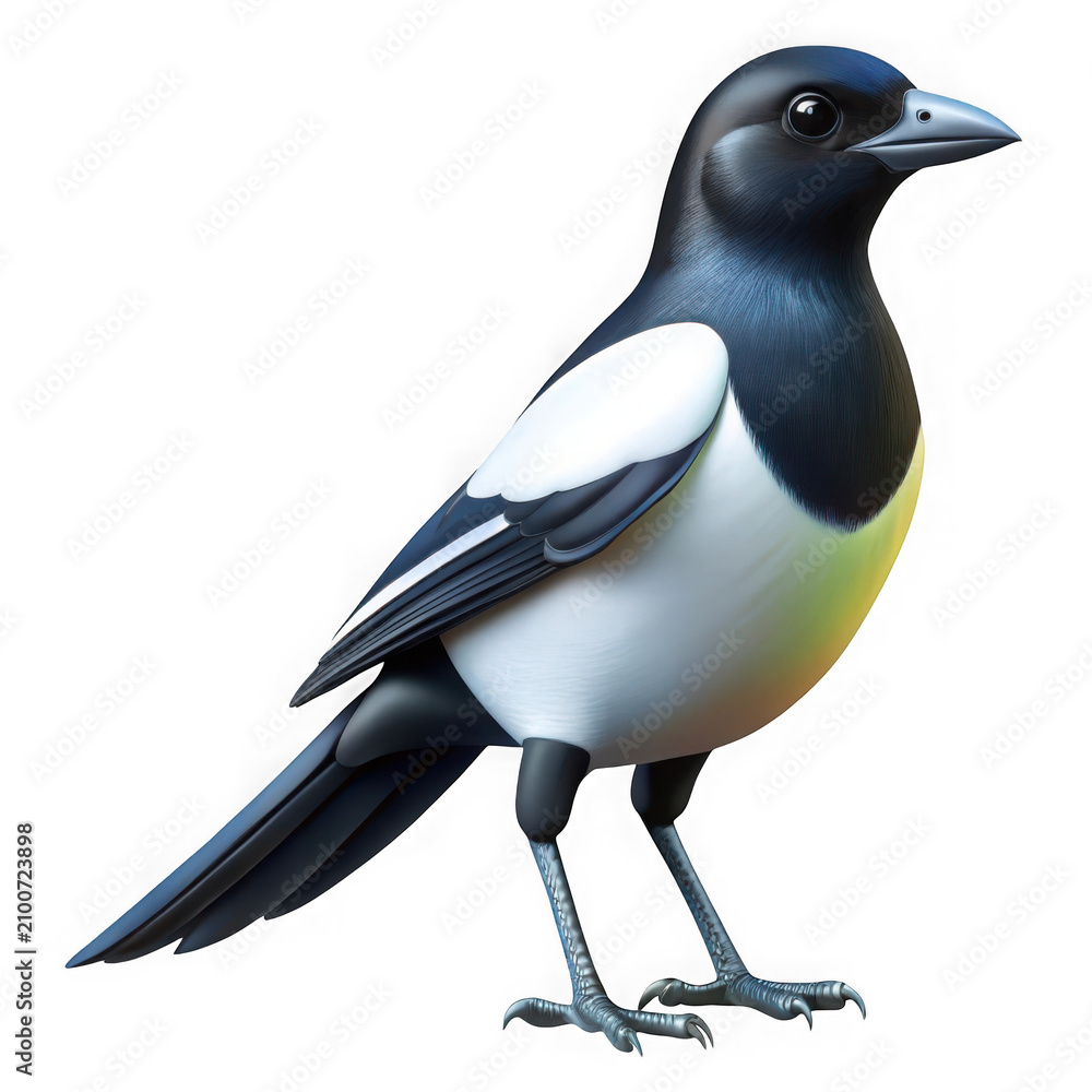 Fototapeta premium Stylized 3D magpie bird character background with three dimensional, wildlife transparent background