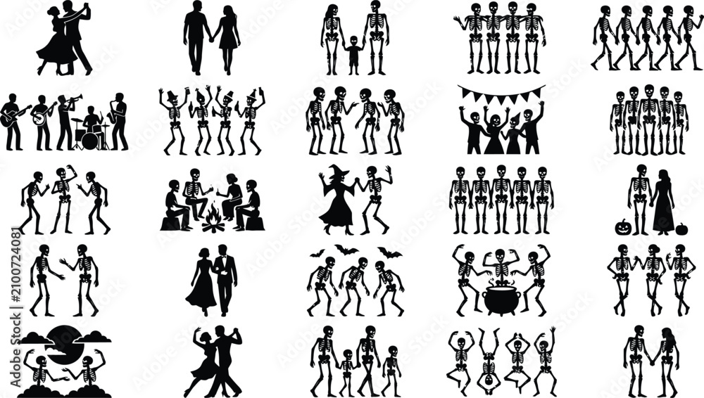 Fototapeta premium Skeleton Activity Silhouette Icon Set, Halloween Spooky Character Vector Symbols