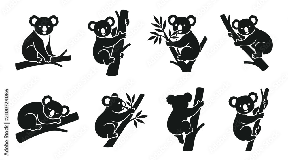 Fototapeta premium Koala silhouette illustration featuring adorable marsupials sitting, climbing, and eating leaves symbolizing wildlife, nature, and Australian animal design