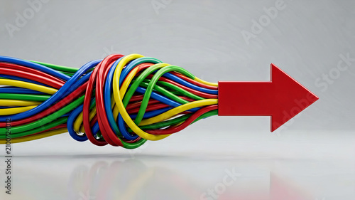 Colorful tangled cables merge into a strong red arrow illustrating organized complexity unified communication decisive action and efficient business transformation