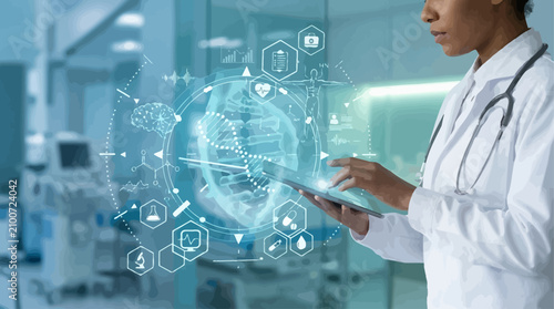 Tableau sur toile A female doctor examines a futuristic medical interface in a hospital setting