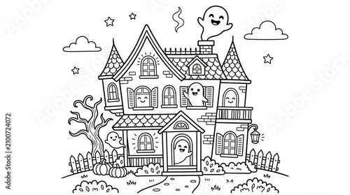 Spooky halloween haunted house illustration coloring page for kids adults