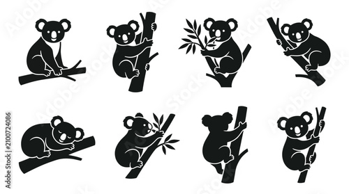 Photos Koala silhouette illustration featuring adorable marsupials sitting, climbing, a