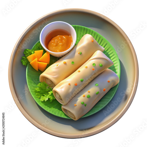 3D render spring roll appetizer plate icon graphic
