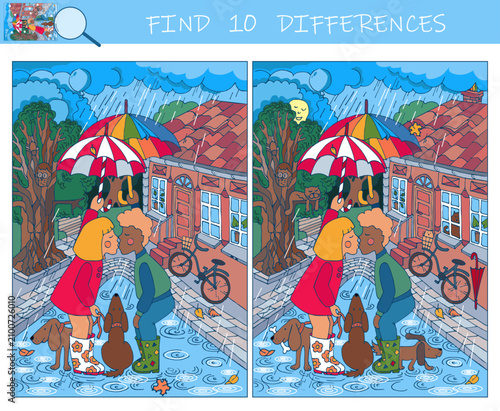 Find the differences game. Kiss in the rain between a boy and a girl under umbrellas. Hidden object puzzle game. Sketch vector illustration.
