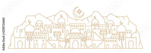 Arabian city landscape line silhouette with crescent moon and Muslim mosque with minarets, vector background. Arabian city with domes, arch and palm trees at mountains for Arab city architecture