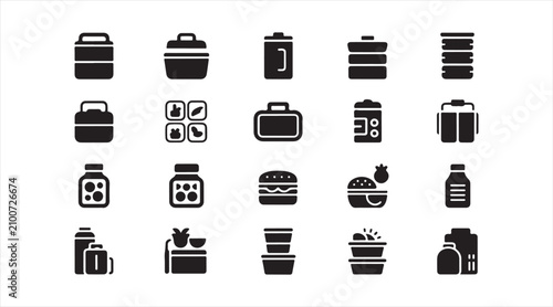 Minimal lunch box and food container icon collection in black flat vector style isolated on white background.