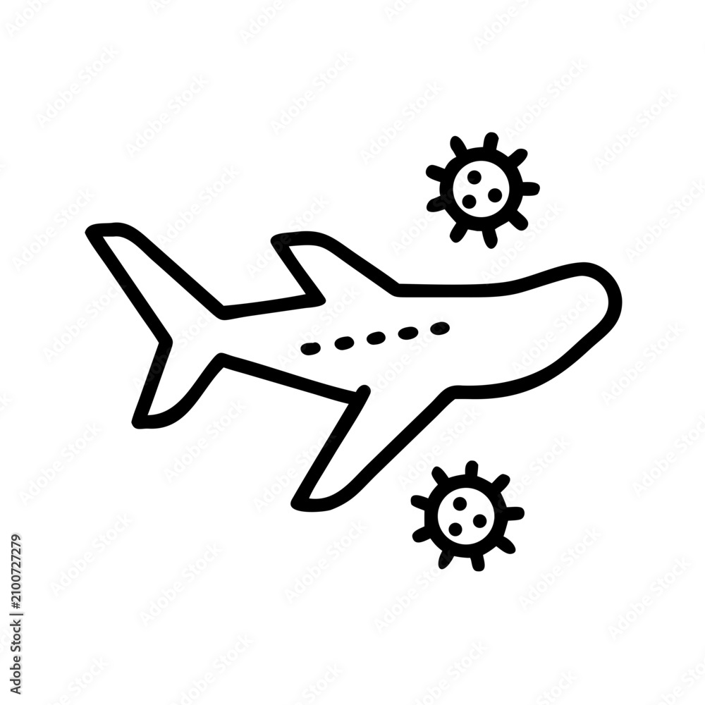 Naklejka premium Coronavirus air travel and global pandemic spread outline vector icon.
