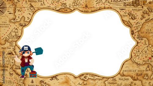 Canvastavla Kids pirate diploma certificate with funny corsair and treasure map frame