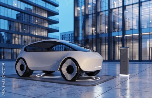 Futuristic autonomous electric taxi parked at a modern charging station