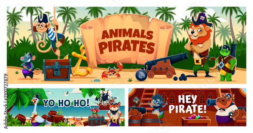 Картината върху платно Cartoon funny animal pirates characters on treasure island and sail ship deck