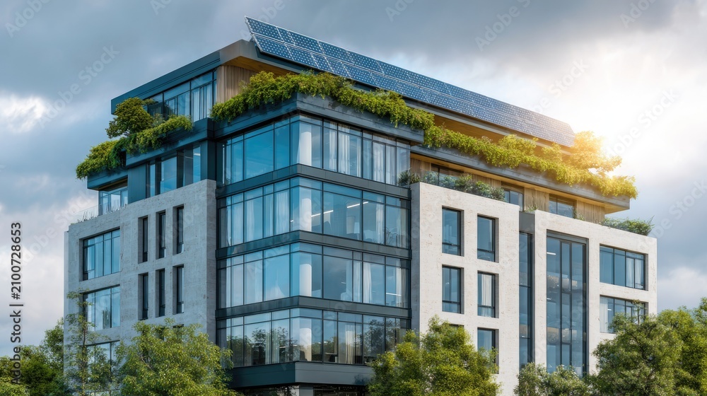 Fototapeta premium Sustainable modern office building with solar panels and rooftop garden.