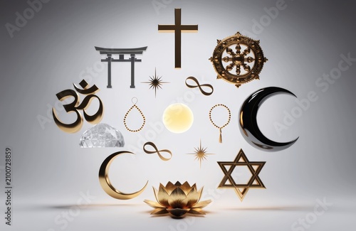 Diverse religious symbols arranged in a harmonious spiritual concept