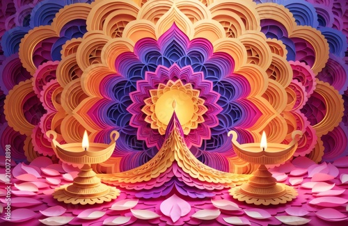 Diwali festival celebration with diyas and colorful mandala background