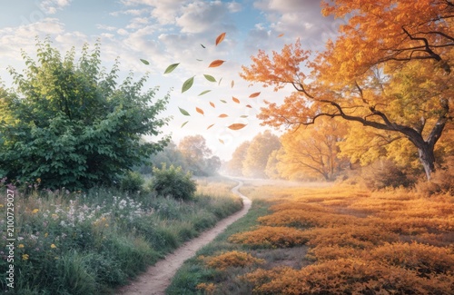 Path through a landscape showing transition from summer green to autumn gold