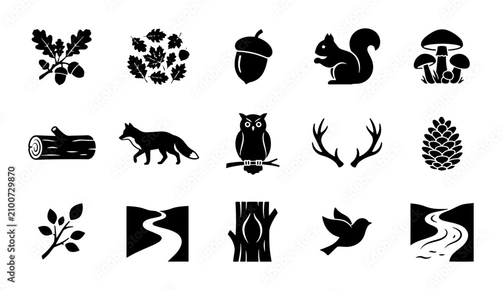 Obraz premium 15 Nature forest linear icon set oak leaf acorn squirrel mushroom fox owl antlers pine cone, UI and web interface design