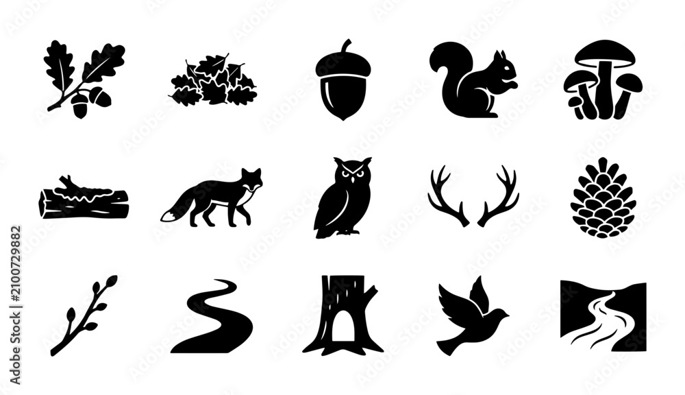 Fototapeta premium 15 Forest Animals and Nature linear icon set, UI and web interface design
