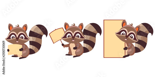 set of illustrations of raccoons in cartoon style holding a blank sign for text