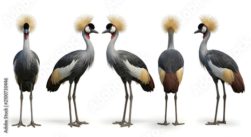 Grey crowned crane displays a variety of profiles and body angles to showcase its unique physical characteristics and distinct plumage patterns on a clean white background.