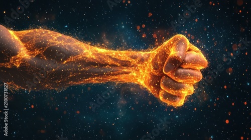 Fiery fist, powerful arm, burning energy, strength, power, concept.