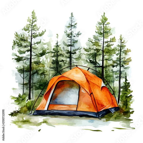 Camping Tent Summer Forest, detailed watercolor painting, isolated on a white background.
