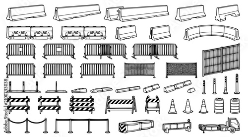 Bild auf Leinwand Vector set of various construction site traffic barriers and safety fencing elem
