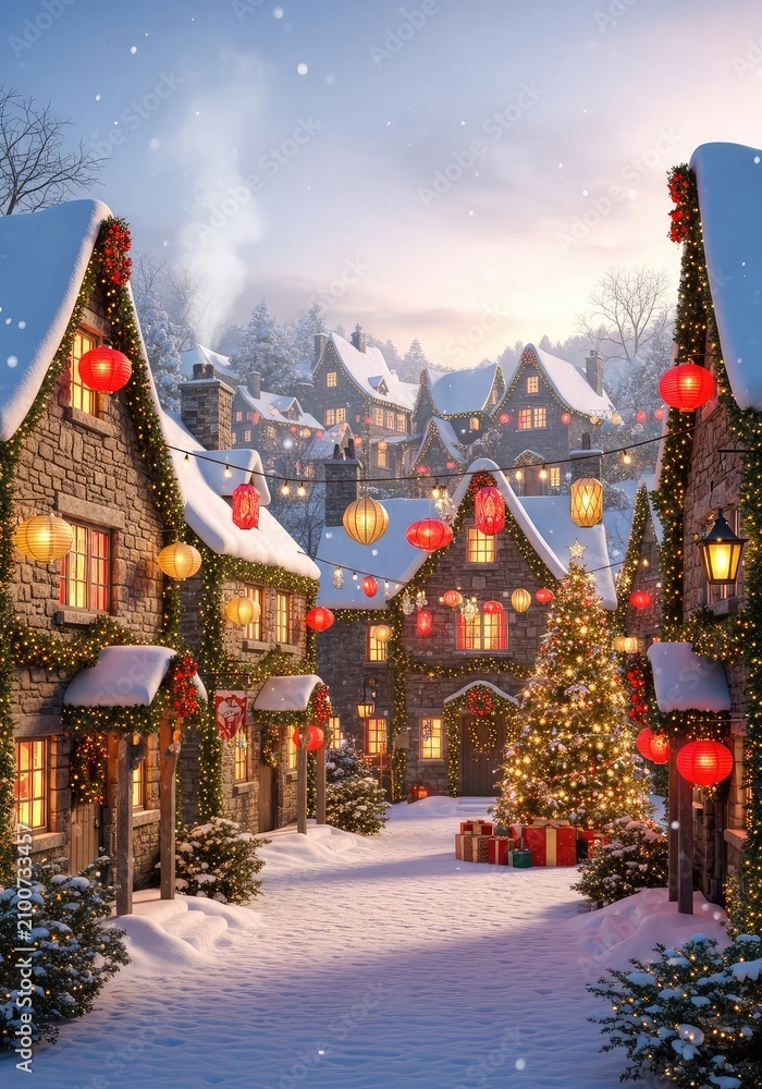 Fototapeta premium An ancient village covered in white snow during the festive season with glowing lanterns, decorated facades, and sparkling fairy lights, quiet, wood smoke, peace
