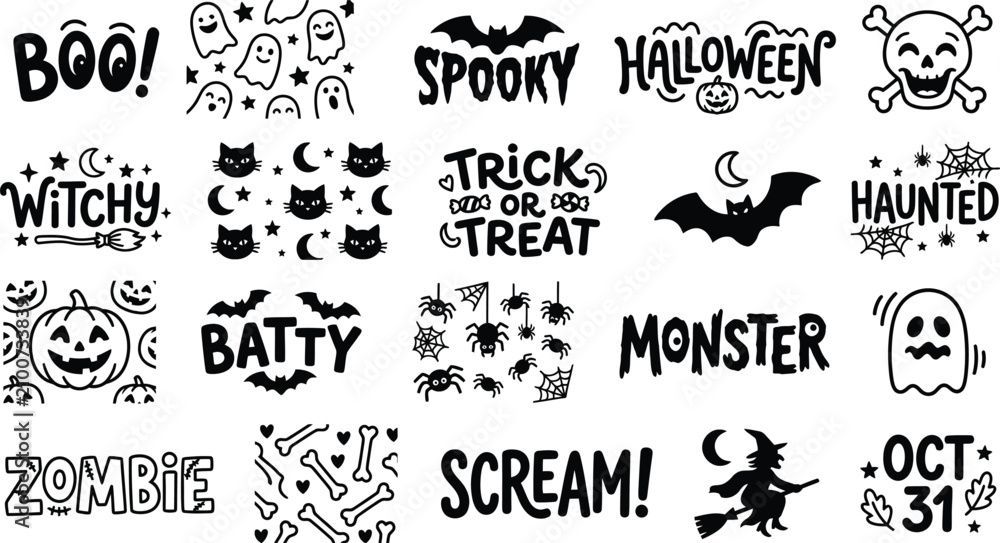 Fototapeta premium Set of hand-drawn Halloween typography and spooky icons for festive holiday design projects