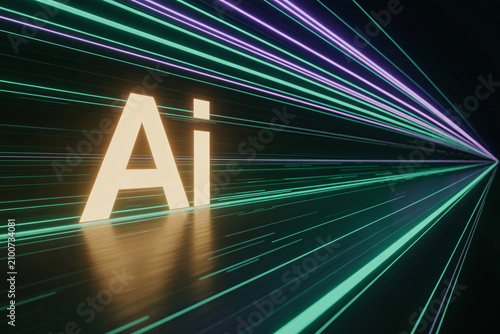 Glowing ai letters moving through futuristic neon data lines in a dark digital space