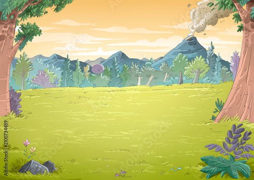 Konstfotografi Forest landscape with mountains and an active volcano, illustration