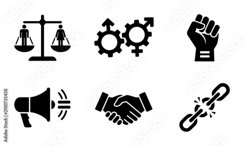 Social Justice Icons: Equality, Gender, Protest, Unity, Freedom, 6 Vector Elements