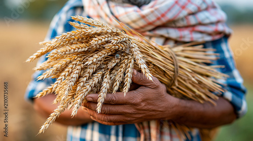 Faceless Indian farmer holding bundle of harvested golden wheat crops in field, wheat harvest concept, agricultural photography, blurred field background , with copy space