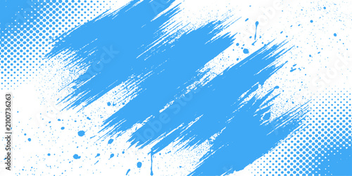 Blue paint brush strokes with halftone dots and splatters on white background vector illustration for design