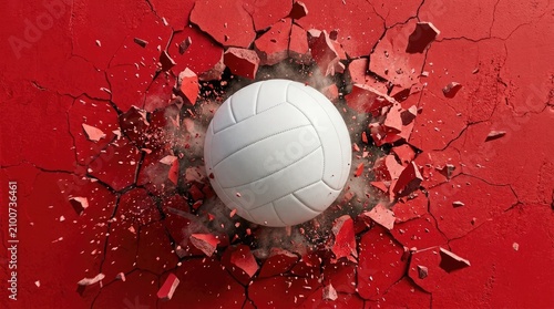 Volleyball breaking through red wall dynamic sports impact illustration