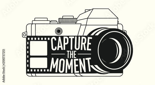 Obraz na plátne Vintage SLR Camera Illustration with Capture the Moment Text and Film Strip Desi