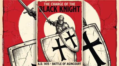Foto Medieval Knight Charging with Sword and Shield Vintage Engraving Poster Vector I