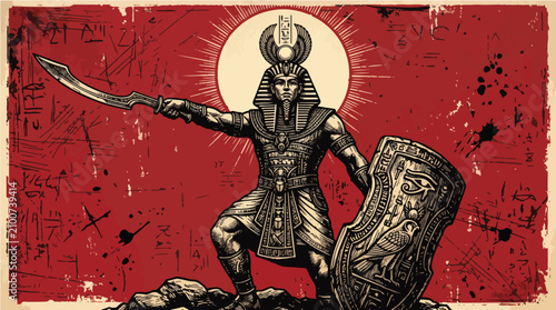 Cuadro en lienzo Ancient Egyptian Pharaoh Warrior with Khopesh Vintage Engraved Poster Vector Ill