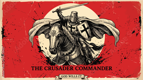 Canvastavla Crusader Cavalry Commander on Armored Warhorse Vintage Historical Poster Vector