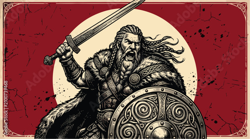 Billede på lærred Celtic Warlord with Sword and Shield Vintage Engraved Warrior Poster Vector Illu