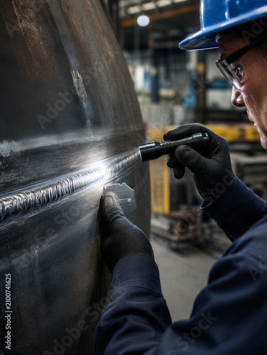 Inspector rechecks a repaired weld with a flashlight and gauge. Final verification, acceptance testing and welding quality assurance concept.