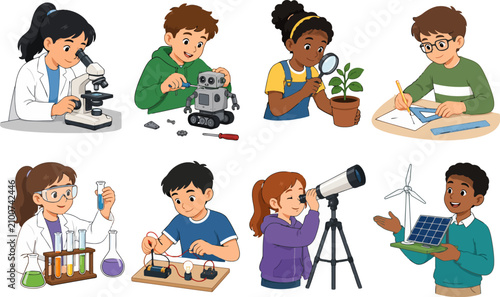 Bild auf Leinwand Diverse children engaged in science and technology activities with educational t