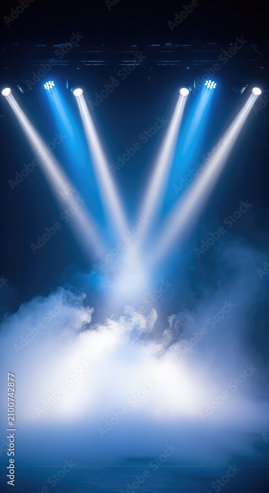 Obraz premium A dramatic empty stage opening featuring vibrant blue and purple spotlights cutting through thick white fog and swirling smoke textures, vivid, mist, empty