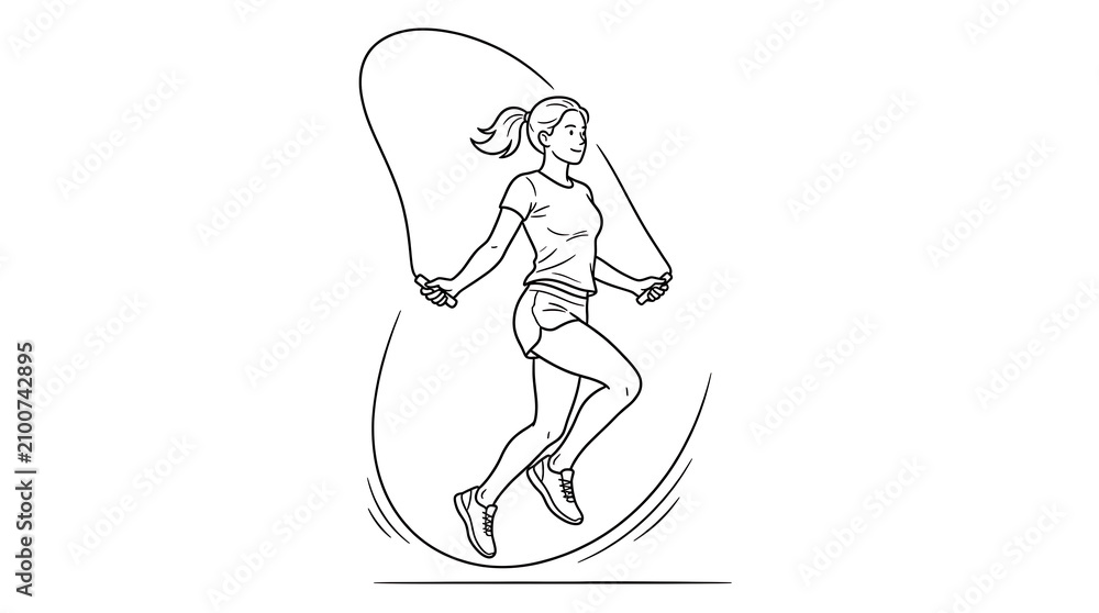 Obraz premium Line art illustration of an active woman exercising with a jump rope exercise training illustration lifestyle minimalist strength