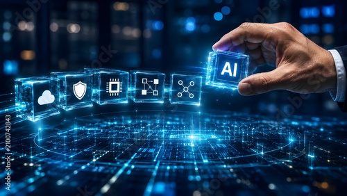 Human hand integrating AI cube into a luminous chain of technology icons, symbolizing digital transformation, future innovation, and secure network infrastructure.