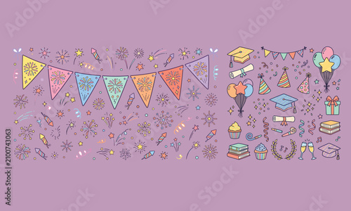 Collection of Hand-Drawn Doodle Style Party and Celebration Elements on Light Blue Background